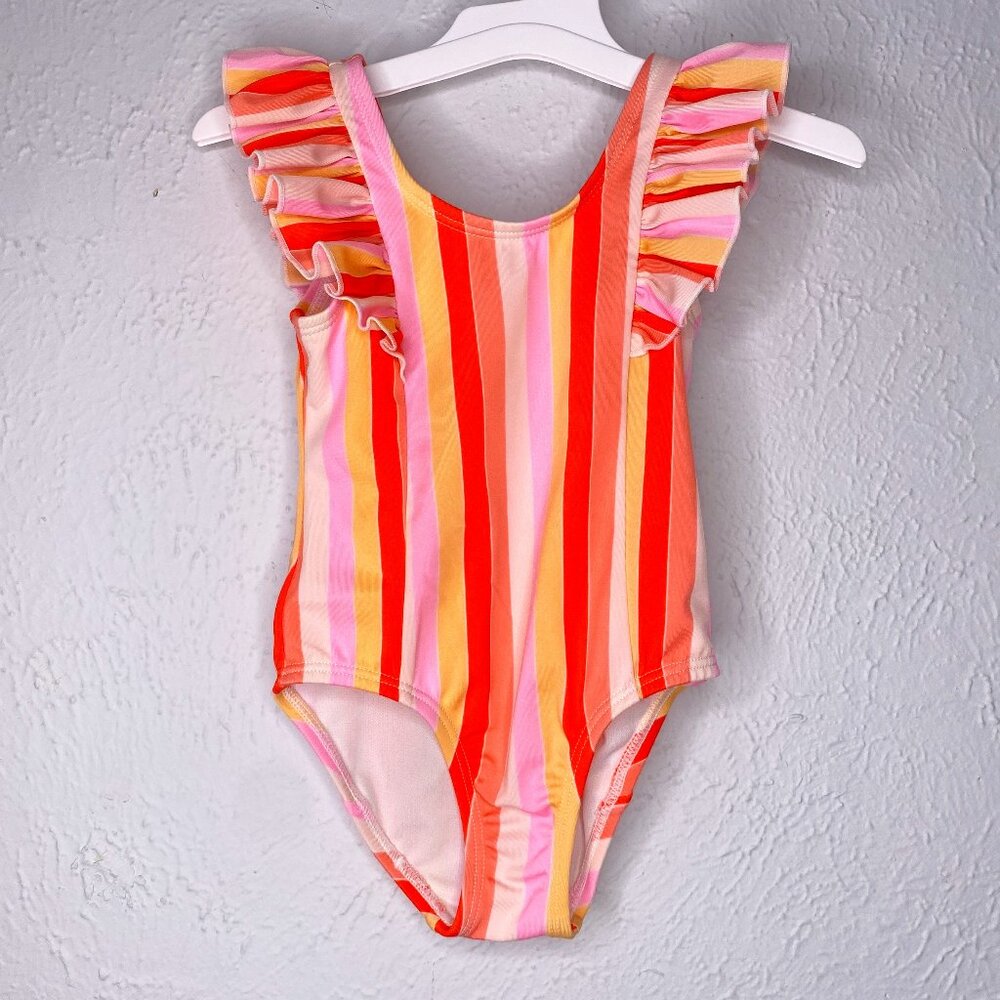 Cat & Jack girl's 18M, one piece ruffle, stripe swimsuit pink,yellow,orange  EUC